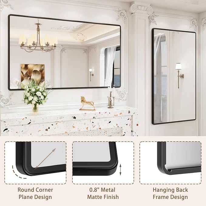 pertetey New Upgrade Bathroom Mirror, 60X36 Inch Black Metal Frame Wall Mounted Rounded Rectangle Bathroom Vanity Mirror with Tempered Glass for Washroom Bedroom Living Room