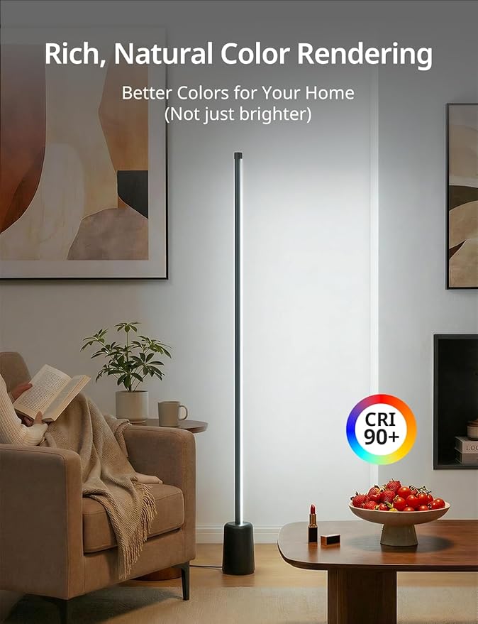 Ailofy Corner Floor Lamp, 1500lm RGBW LED Lamp, Alexa & Google Assistant Compatible, 16 Million DIY Colors, Music Sync, App Control, Modern Smart Floor Lamp for Living Room, Bedroom, Black