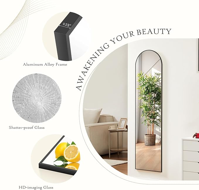Mirror Full Length, Upgraded Body Wall Mirrors with Shatter-Proof Glass, Floor Standing, Hanging or Leaning, Tall Mirror with Stand Aluminum Alloy Frame for Bedroom
