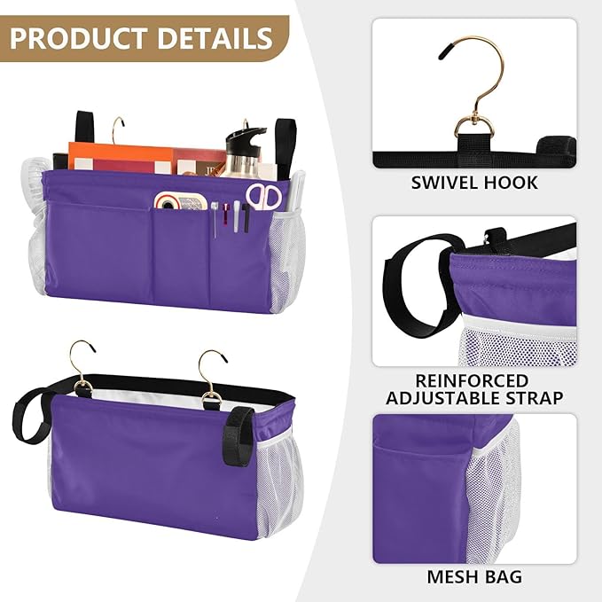 Dark Purple Bedside Caddy Storage Bag Bedside Organizer for Bunk Bed Headboards College Bedside Shelf Hanging Organizer 6 Pockets with Hooks for Magazine Water Bottle Holder