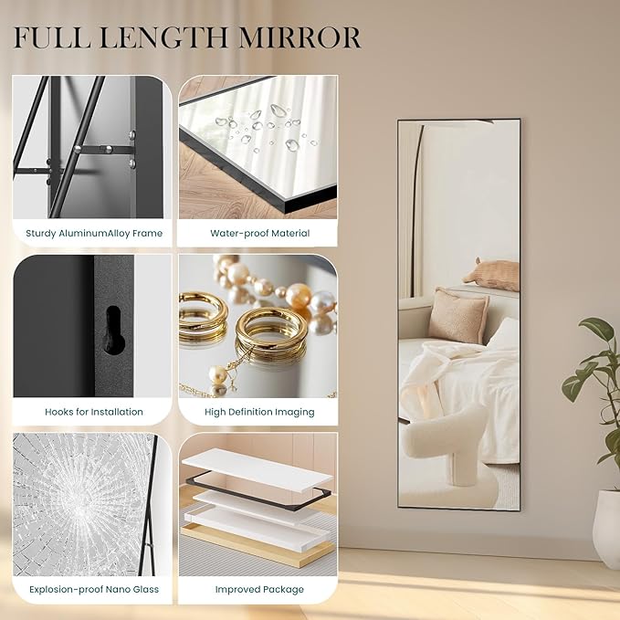 NEWBULIG Full Length Mirror, Full Body Floor Mirror with Aluminum Alloy Thin Frame, Wall or Standing Mirror for Bedroom, Living Room, Dressing Room