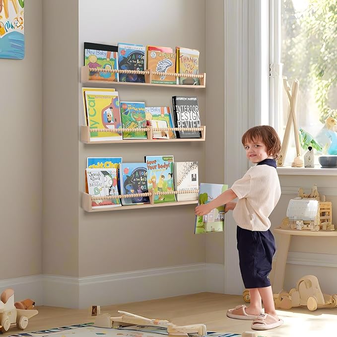 birola Nursery Book Shelves for Kids Rooms - 32 Inches Floating Wall Bookshelves Set of 3, Space-Saving Nursery Shelves with Beads Design for Kids Room, Bedroom and Study Room(Natural)