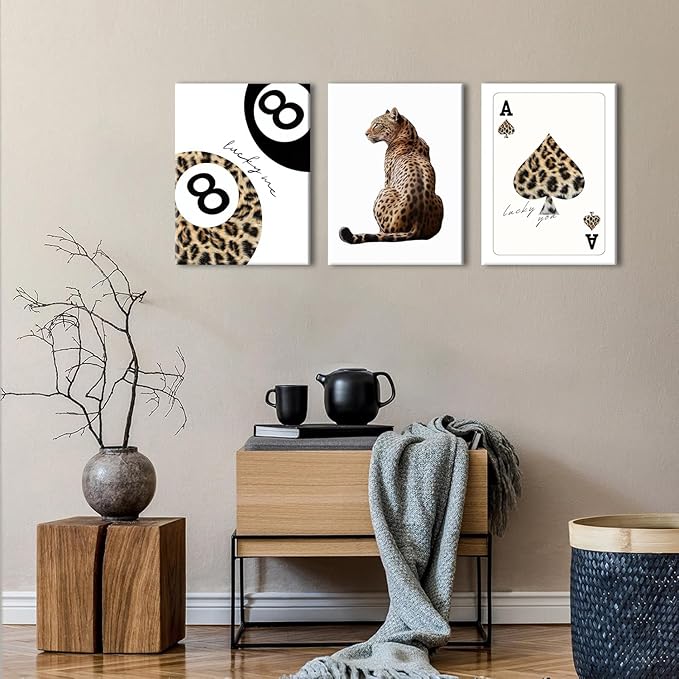 Trendy Leopard Canvas Wall Art Set of 3 - Cheetah Prints Wall Decor Pictures, Funky Lucky You 8 Ball Poster Preppy Aesthetic Paintings, for Girls Bedroom Dorm Apartment 16x24 inch Framed