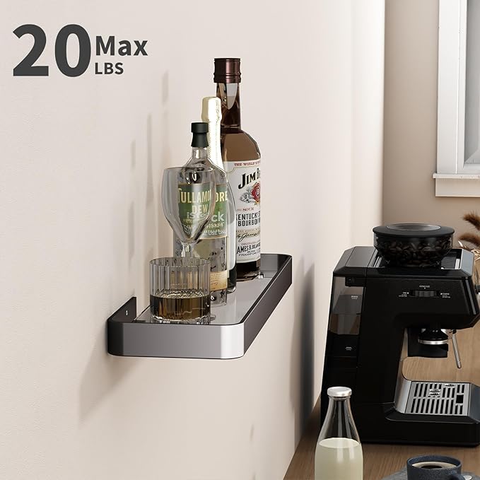 Danpoo 16-Inch Wall Shelf, Clear Tempered Glass with Matte Black Aluminum Frame – Sleek Floating Bathroom Organizer