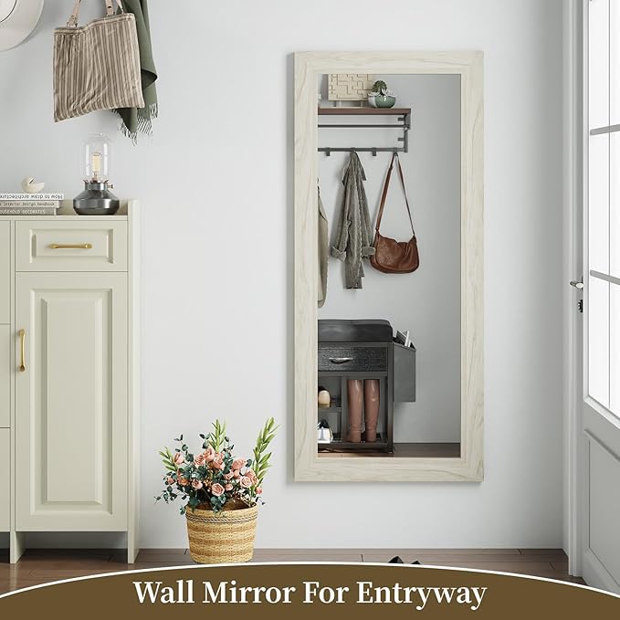 Syndra Modern Full Length Mirror Wood Frame, 56x20'' Large Floor Mirror with HD Tempered Glass & Wall Mount Option, Rectangular Standing Mirror for Bedroom, Living Room, Entryway, Farmhouse(White Oak)