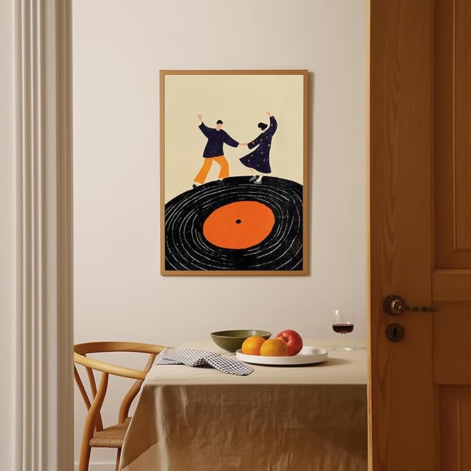 Retro Vinyl Record Canvas Wall Art Trendy Music Wall Art Music Dancing Couple Poster Funky Abstract Canvas Print Modern Pop Inspired Illustration for Home Bar Living Room Bedroom, 16x14inch Unframed