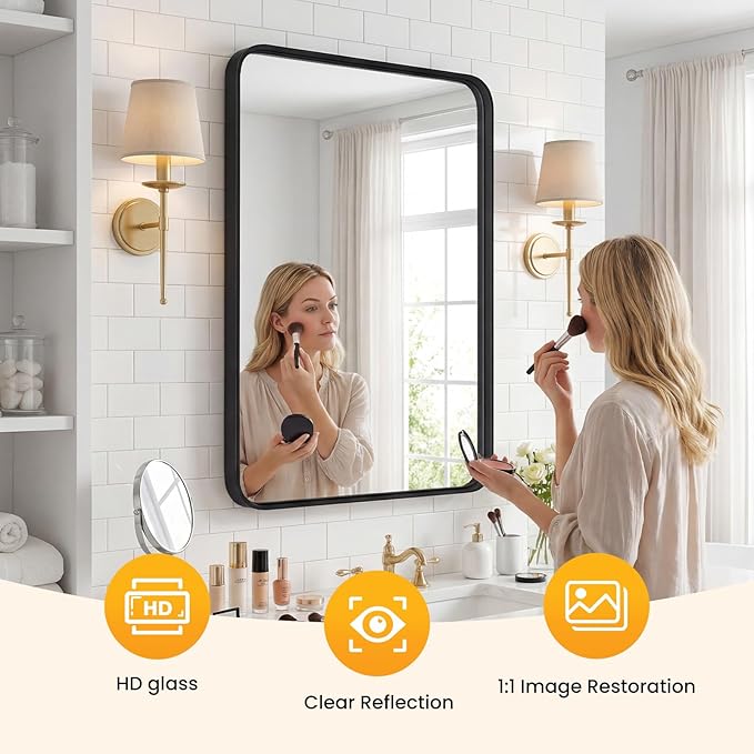 OLIXIS Bathroom Mirror for Over Sink, 22x30 Inch Wall Rectangle Mirror with Matte Metal Framed, Modern Wall Mount Vanity Mirror for Home Decor, Living Room, Bedroom, Black