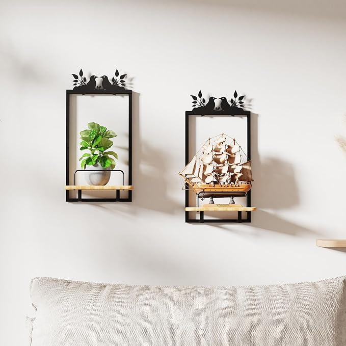 Shineled Wall Planter for Indoor Plants 2 Pack, Wall Mounted Plant Holder for Small Plants, Floating Wall Shelf for Plants, Real Oak Wood, Magnetic Animal Decor, Home Wall Decor (Bird)