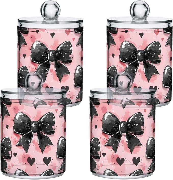 4 Pack Qtip Holder Dispenser Black Bow Heart Pink Cotton Ball Cotton Swab Round Pads Floss Clear Bathroom Storage Containers Plastic Apothecary Jars with Lids
