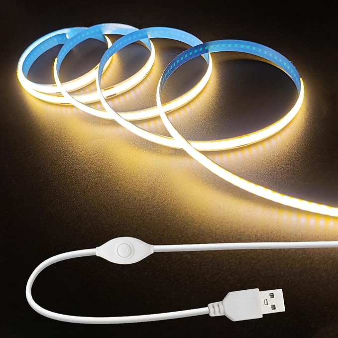 ZSLAIFU 5V LED Strip Lights, Warm USB LED Light Strip, 6.56FT Dimmable COB LED Strip Light, High Brightness Short LED Strip for Display Cabinet, Living Room, TV Lights