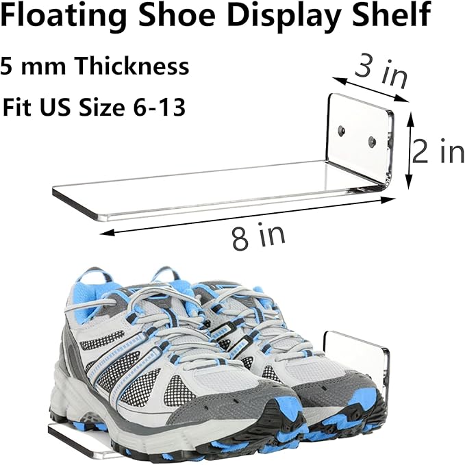 Youeon 8 Pack Floating Shoe Display Shelf, 8 x 3 Inch Acrylic Shoe Shelf for Wall, Floating Sneaker Shelves, Hanging Shoe Shelves for Bedroom, Gaming Room, Sneaker Collection, Easy to Install