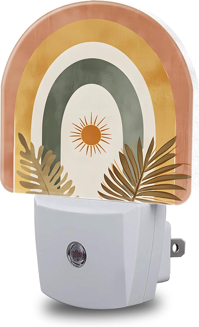 Sun and Leaves Night Light, Boho Rainbow Night Lights Plug into Wall Dusk to Dawn Sensor Round Nightlight for Women Men Energy Efficient Led Lamp 0.5W for Stairway Hallway Bedroom