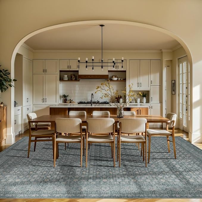 9x12 Washable Area Rug for Living Room, Extra Large Vintage Boho Rugs for Dining Room, Kids Room, Farmhouse, Durable Low Pile Non Slip Carpet for High Traffic Areas, Soft Blue