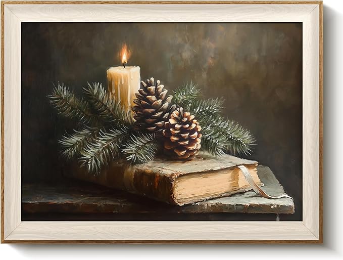 VIYYIEA Winter Framed Wall Art for Living Room, Books and Pinecones Canvas Prints, Oil Painting Home Decor, Christmas Picture, Bathroom Wall Decor Gifts for Friends or Family - 16L x 12W