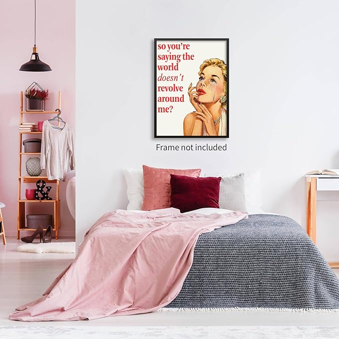 noxozoqm 70s Pink Sexy Women Poster Funky Funny Quote Wall Art Retro Housewife Picture So You''Re Saying The World Doesn't Revolve Around Me Prints For Apartment Decor 24X36 inch Unframed