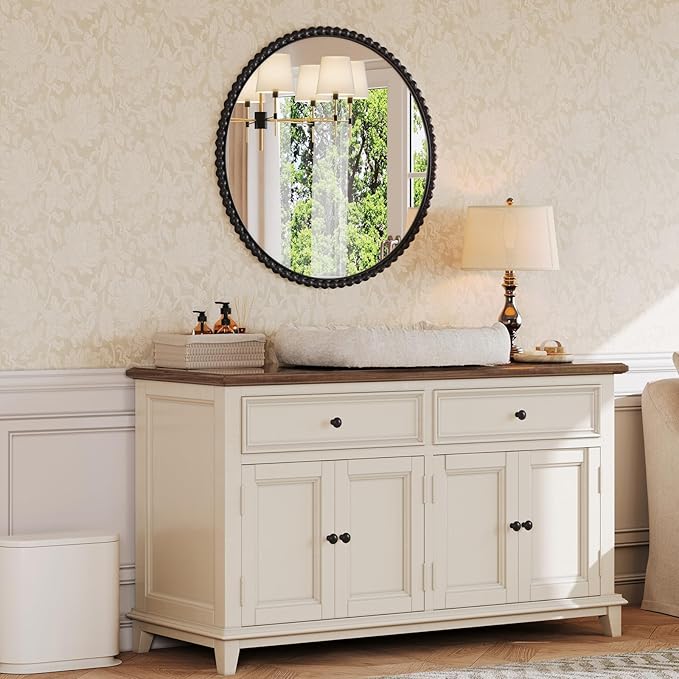 Uniclinens Beaded Round Wall Mirror Large - Vintage Mirror Wall Decor 31.5" with Metal Frame, Ideal for Entryway, Fireplace, Living Room, Hallway, Bathroom, Black