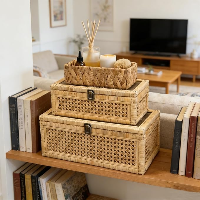 Decorative Box,Rattan Display Boxes with Lids,Set of 3-Rectangular Decorative Storage Box Set,Natural Woven Storage Bins for Home Decor