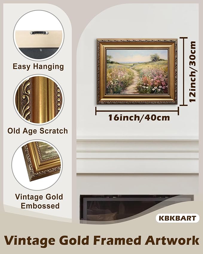 KBKBART Gold Framed Vintage Wall Art, Vintage Spring Decor, Wildflower Countryside Canvas Oil Painting Farmhouse Decor Wall Art, Rustic Antique Landscape Bathroom Wall Decor for Bedroom Living Room, Gifts for Friends or Family(12"x16")