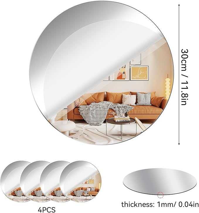 Fantasyon Acrylic Round Mirrors Self Adhesive Non Glass Mirror Circle Wall Mirror Clear Wall Sticker Decals for Wedding Table Centerpiece and Home Living Room Bedroom Wall Decor(12 inch/4 pcs)