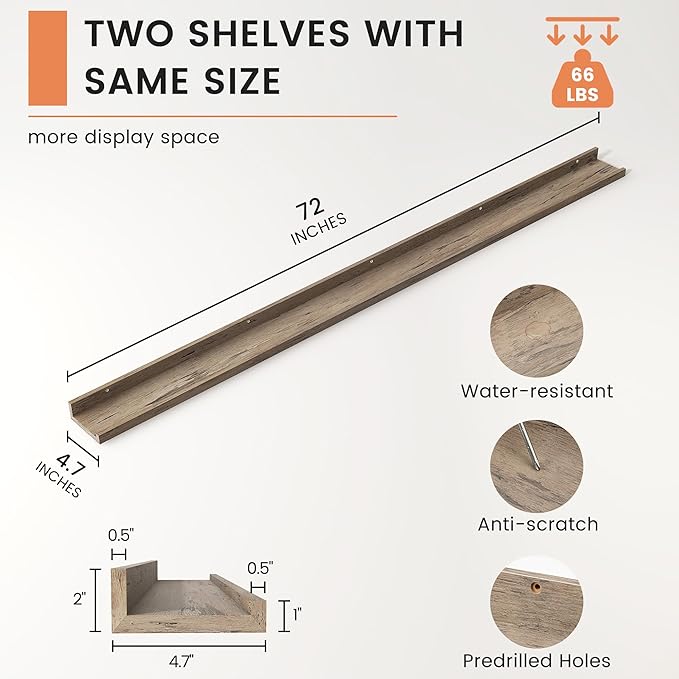 FLYJOE Picture Ledge Shelf, Floating Shelves Set of 2, 72 Inches Long Large Nursery Book Shelves for Toys Storage, Kids Bookshelf Wall Mounted for Living Room Bedroom Decor Books Photo Frames,Grey