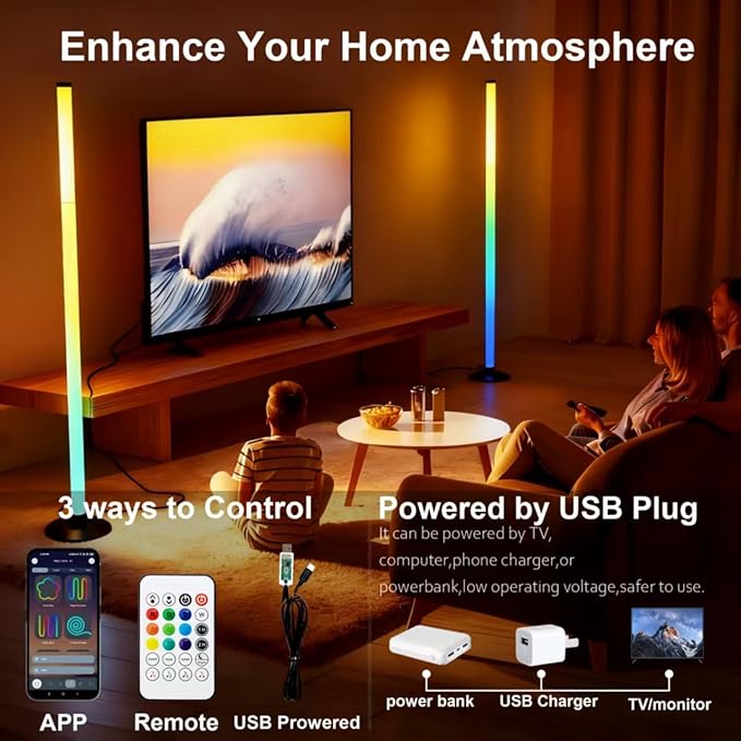 Ledagic Led Corner Floor Lamp USB Powered with App & Remote Control, IC+RGBW Color Changing Led Lamp Music Sync, Timer Setting, Standing Lamps for Living Room Lamp Bedroom Gaming Room, 1 Pack