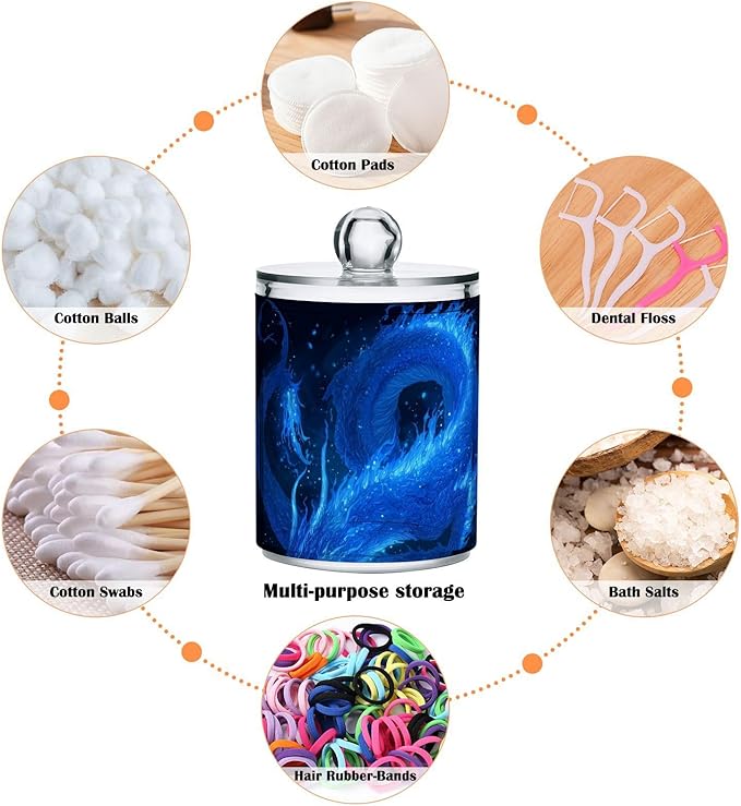 2 Pack Apothecary Jars Dark Blue Fire Dragon Bathroom Vanity Storage Organizer Set,Small Clear Plastic Storage Jars Bathroom Canister for Cotton Swabs, Rounds, Balls, Qtips,Makeup Sponges, Flos