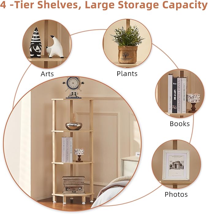 YUFAM 4-Tier Corner Shelf with Sturdy 5-Leg Base, 41in Tall Narrow Bookcase for Small Spaces, Wooden Plant Display Shelf, Thin Bookshelf for Living Room, Bedroom, Office, Natural