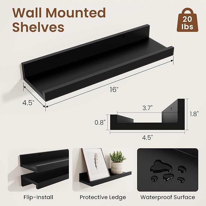 Heimlove Picture Ledge Shelf, Small Floating Shelves Set of 2, 16 Inches Picture Shelf for Wall with Ledge, Kids Bookshelf Wall Mounted for Living Room Bedroom Decor，Black