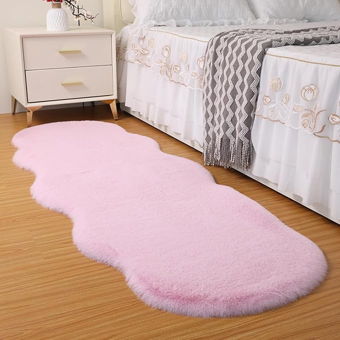 Fluffy Synthetic Rabbit Fur Area Rug Furry Floor mat Machine Washable Non-Slip Backing High Density Floor and Sofa Seat Cushions for Living Room White and Blue 2x6 ft