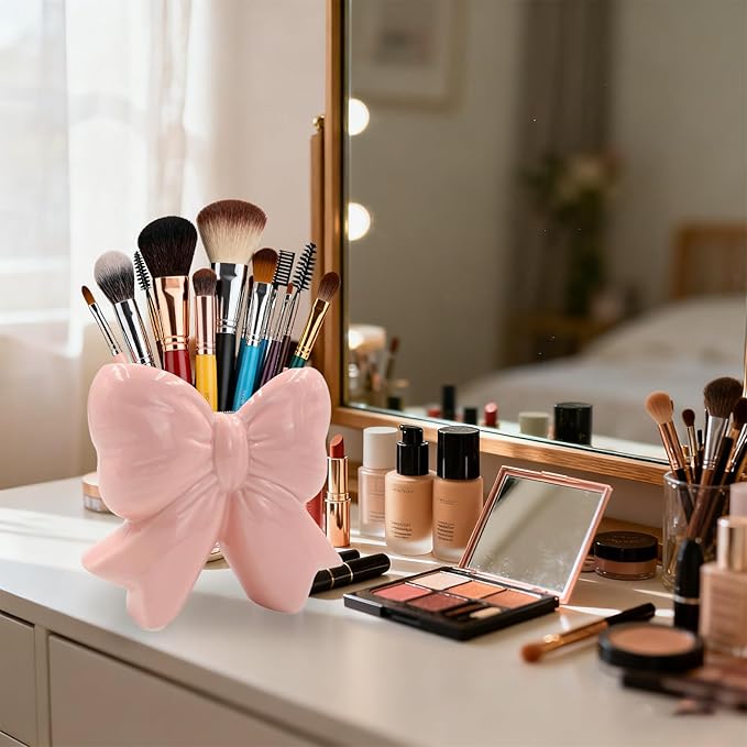 Pink Bow Ceramic Vase Contemporary Design Decorative Pink Bow Decor Vase Pen Holder Makeup Brush Holder Women Gift for Mother's Day Home Office Shelf Table Living Room