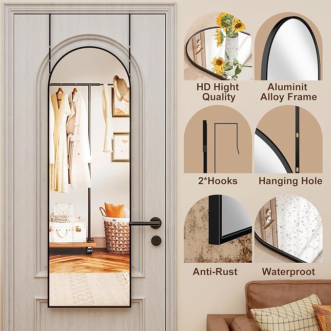 Rowjut Full Length Door Mirror, Wall Mounted Wall Mirrors, 50"X16" Arched Behind Door/Full Length Mirror for Use in Living Rooms, Rooms, Bedrooms, Cloakrooms, etc. (Black)