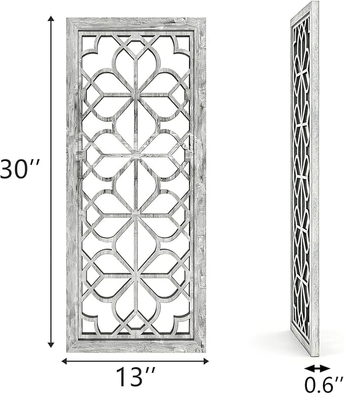 Set of 2 13x30 Inch Large Grey Shatterproof Carved Floral Wood Frame Wall Mirrors, Boho Farmhouse Rustic Accent Mirrors for Living Room Bedroom Bathroom & Home Decor