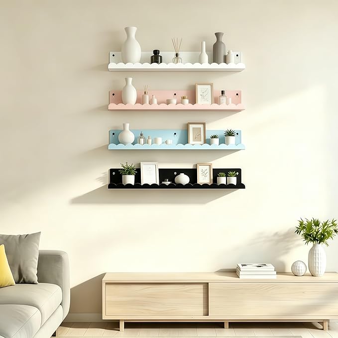 24 Inch Nursery Book Shelves Set of 4, Blue Metal Floating Shelves for Wall, Scalloped Cloud Book Shelf for Kids Room, Bathroom, Bedroom, Playroom Wall Decor & Storage