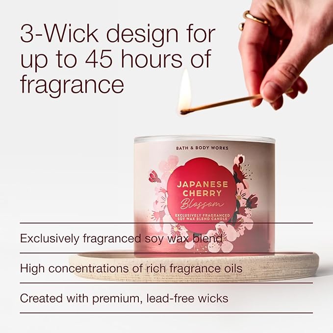 Bath & Body Works Japanese Cherry Blossom 3-Wick Candle - Scented Candle for Home Use - Long-Lasting, Room-Filling Fragrance - High Fragrance Oil Concentration - Soy Wax Blend - 2-Pack