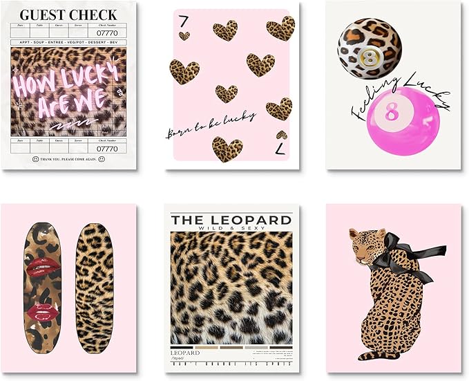 Habseligkeit Pink Leopard Print Wall Art, Preppy Wall Decors for Room Aesthtic, Fashion Posters for Girls Bedroom Decor Aesthetic Unframed, 8X10in, Set of 6