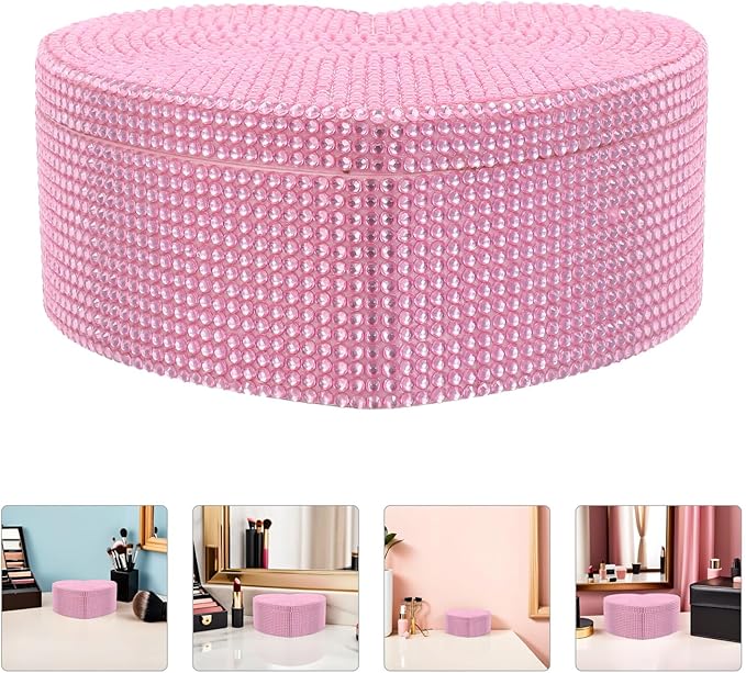YARNOW Heart-shaped Jewelry Box with Mirror Double Layer Rhinestone Organizer for Pink Makeup Storage Case and Hair Tie Container