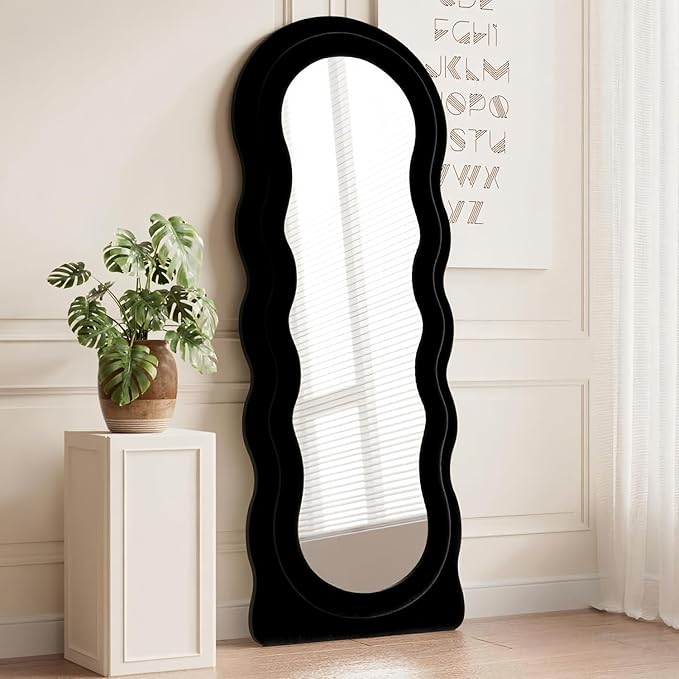 Dewfig Wavy Full Length Mirror with Stand, 63" x 24" Irregular Floor Mirror, Large Floor Length Mirror, Freestanding/Leaning/Wall Mounted, Flannel Wrapped Wooden Frame for Bedroom/Living Room, Black
