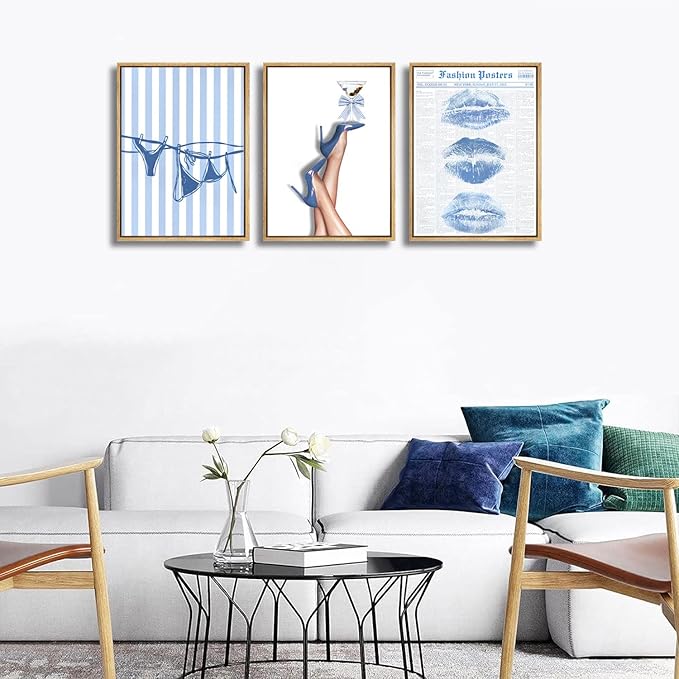3Pcs Trendy Coquette Wall Art Blue Lips Bikini & Bow Heels Wall Decor Pictures Vintage Martini Newspapaer Canvas Posters Prints for Y2K Girly Room Dorm Apartment Preppy Aesthetic Decor 12x16in