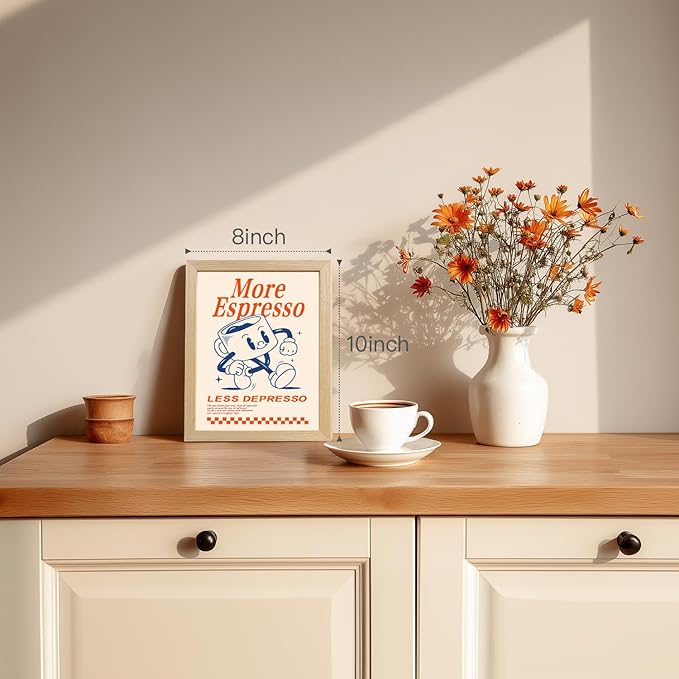 Cyebmo Funny Coffee Wall Art, Vintage Cafe Kitchen Wall Decor, More Espresso Less Depresso Art Prints, Beige Dorm Poster Print for Home Office Coffee Bar Kitchen Wood Framed Ready to Hang 8x10 Inch
