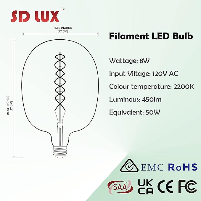 SD LUX Oversized Vintage Giant LED Light Bulb Huge Edison Bulb- Dimmable, 8W 450LM (50W Equi), Warm White 2200K, Medium E26 Base - Perfect for Decorative Pendant Lighting, 1 Pack(DG170)