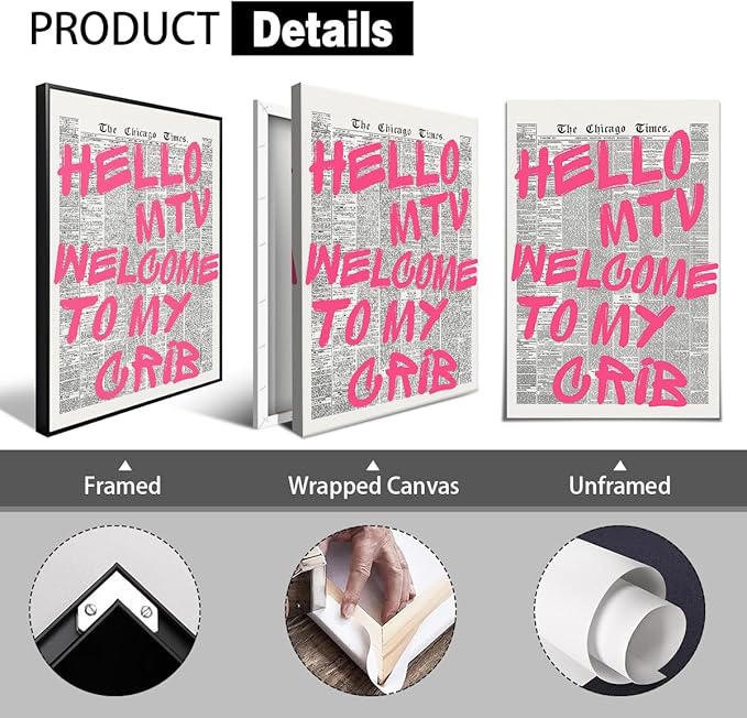 Pink Hello MTV Welcome To My Crib Quote Poster, Vintage Black White Newspaper Canvas Wall Art, Trendy Typography Print Picture, Charming Positive Dorm Bedroom Wall Decor 12x16in Wrapped Canvas