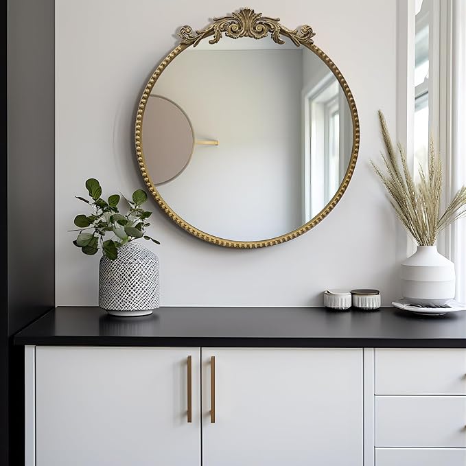 Round Mirror, 24''Baroque Style Circle Mirror Vintage Gold Metal Frame Wall Mirrors for Vanity, Bathroom or Bedroom