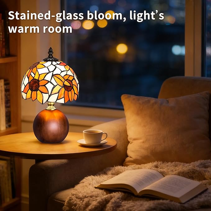 12.2" Tiffany Style Lamp, Handcrafted Stained Glass Sunflower Table Lamp with Spherical Solid Wood Base, 3-Color Dimmable Bedside Lamp for Nightstand & Bedroom, Vintage Aesthetic Accent Light