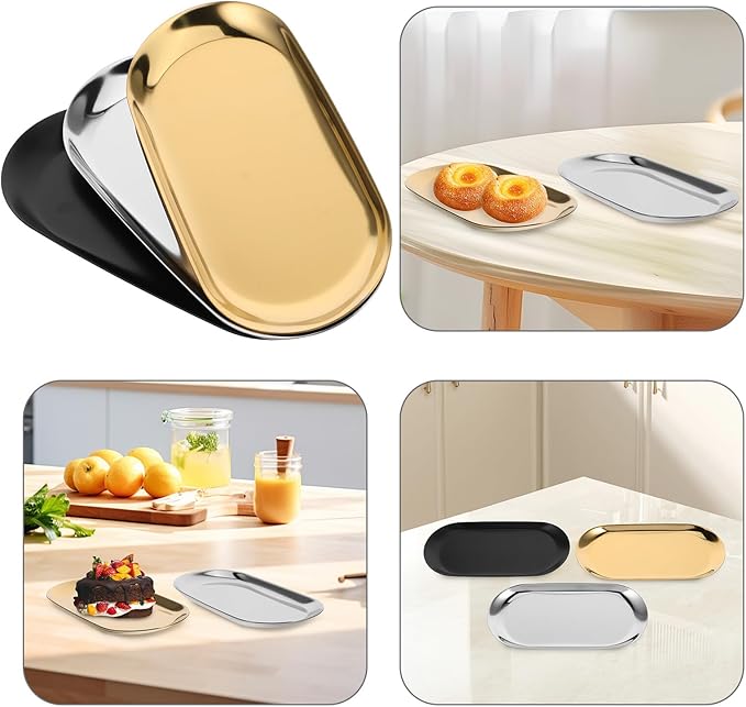 3pcs Stainless Steel Oval Jewelry Tray and Snack Storage Plate Set, 18cm Thickened Vanity Organizer for Makeup, Cosmetics, and Home Decor in Silver, Black, and Gold
