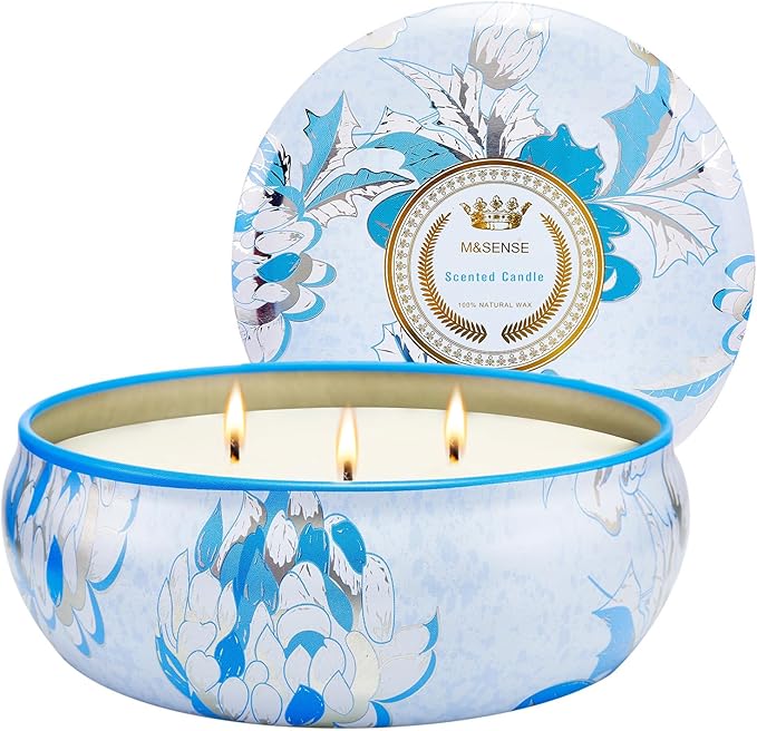 M&SENSE Clean Cotton Scented Candles 12oz, Large 3 Wick Soy Tin Candle, Over 40 Hour Burning Time, 100% Natural Vegan Wax, Relaxing Aromatherapy Aesthetic Candle Gift for Women and Men
