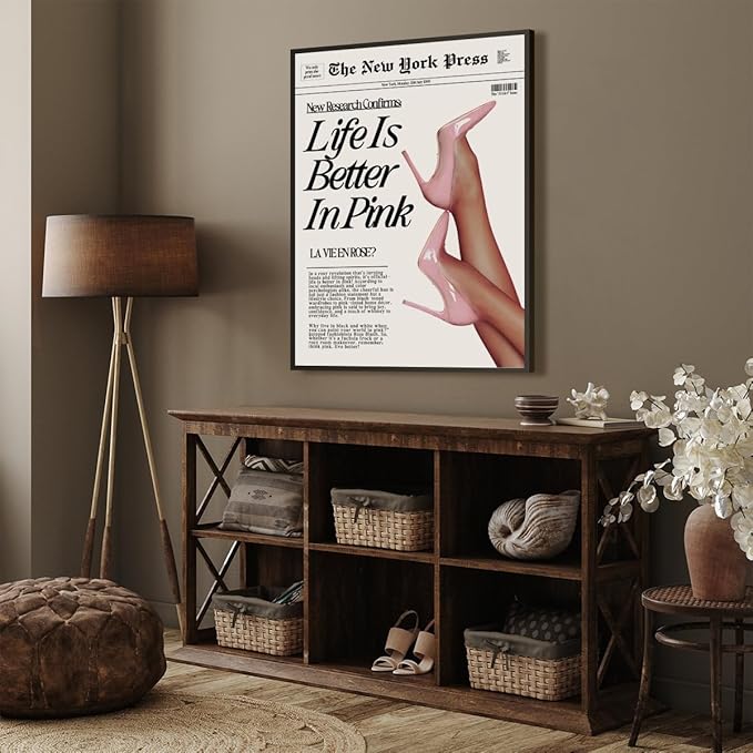 Trendy Baby Pink Poster 70s Canvas Prints The New York Press Wall Art Life Is Better in Pink Hot Girl Posters Preppy Aesthetic Decor Bedroom for Cool Girly Room Home Dorm 16x24inch black framed