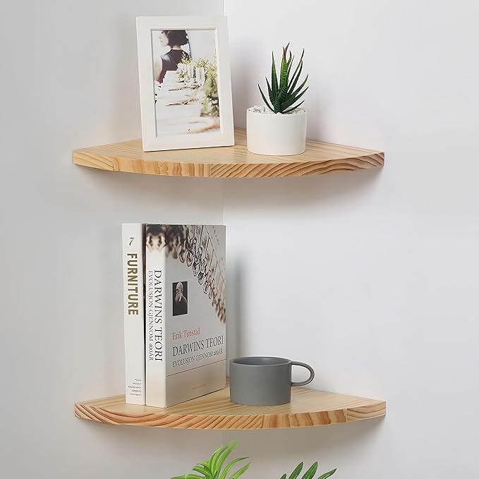 Waterproof Natural Wood Corner Wall Shelves Set of 2, Rustic Wood Corner Floating Shelves with Cable Raceway for Bathroom Kitchen Study Bedroom (12 Inch, Fan-Shaped)