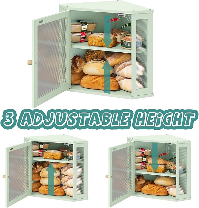 Corner Bread Box for Kitchen Countertop, Bamboo Wood Green Bread Box, Large Capacity Bread Storage Bin with Acrylic Wavy Door Panel