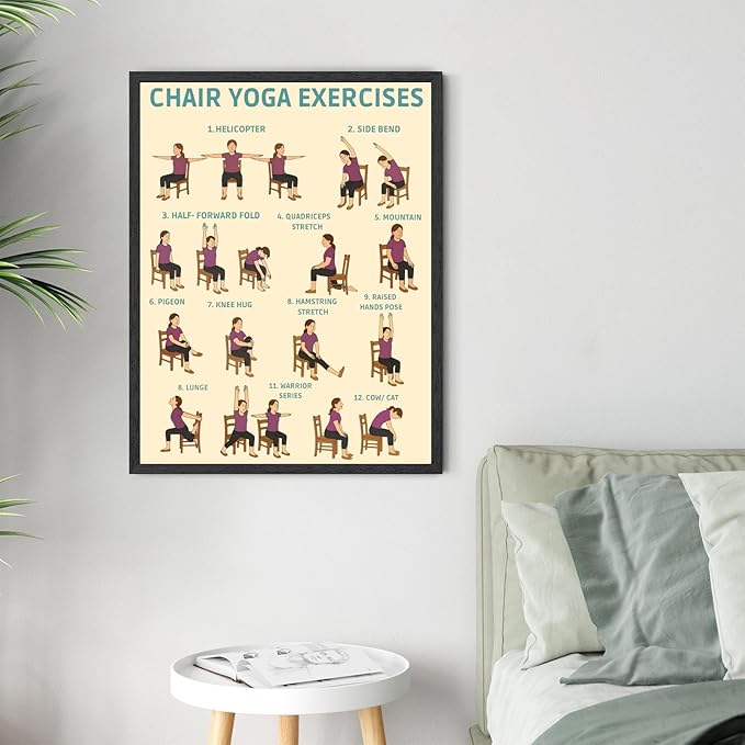 Licpach Chair Yoga Exercises Poster Fitness Instruction Canvas Print Wall Art Wellness Chart for Seniors Over 60 Senior Stretching Workout Guide for Office Desk Home Gym Studio 12x16inch Black Frame