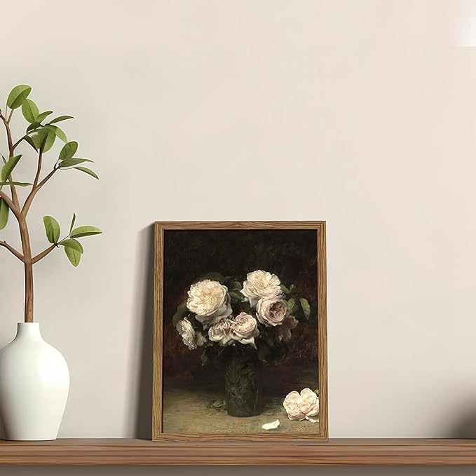 Vintage Framed Floral Wall Art, Moody Dark Roses Canvas Wall Art, Botanical Flowers Pictures Print, Retro White Roses Oil Painting Artwork Wall Decor for Bedroom Kitchen Bathroom – 8x10 inch